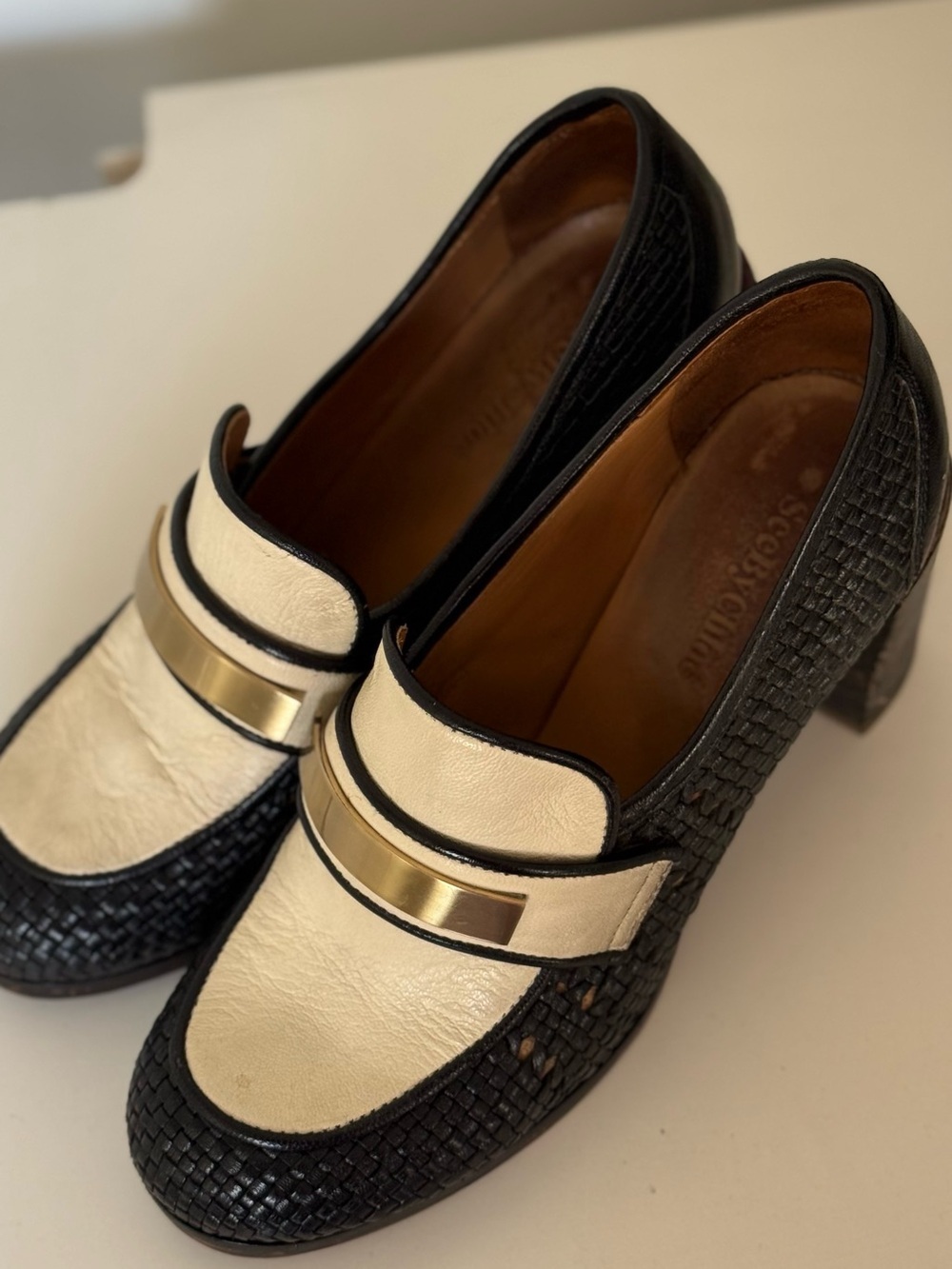 SEE BY CHLOE EU 38 Black and Cream Women's Block Heel Loafers with Gold Accent - Picture 3 of 8